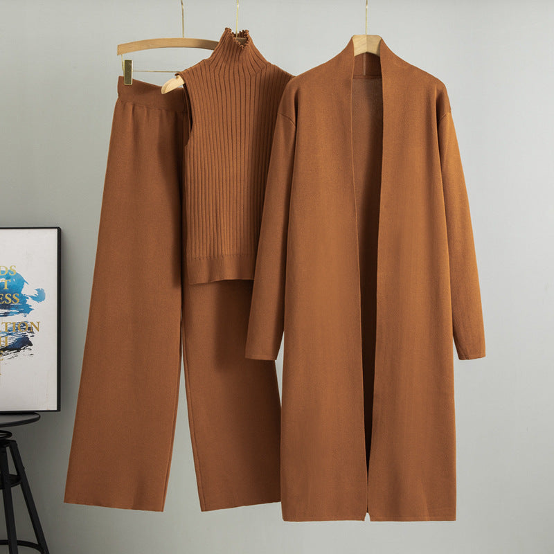 A three-piece set of knitted tops and pants