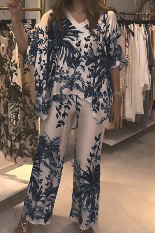 A Summer Fashion Casual Women's V-Neck Printed Shoulder Sleeve Set Multi-Color Large Size Women's Clothing