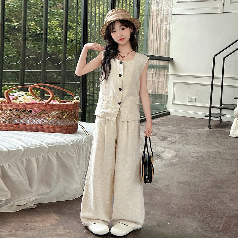 A summer new middle-aged and older children's suit vest wide-leg pants two-piece temperament casual and fashionable suit