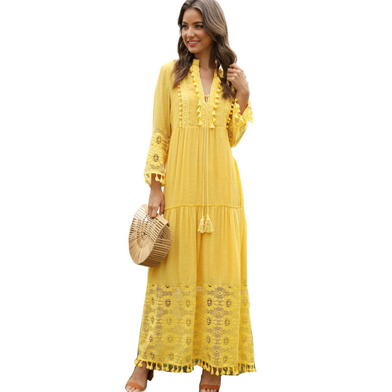 A European and American autumn and winter women's clothing lace splicing fringed bamboo cotton long-sleeved dress