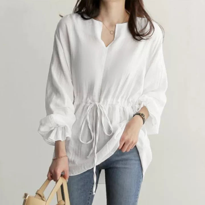 A Women's Long Sleeve V-Neck Shirt Drawstring Waist Top Solid Color Top - Mixbatch