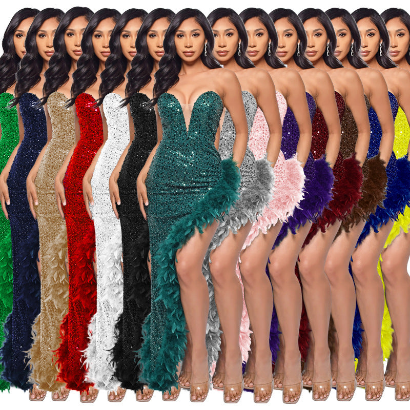 A ins European and American cross-border women's clothing wish Amazon ebay independent station tube top backless sequined feather dress women