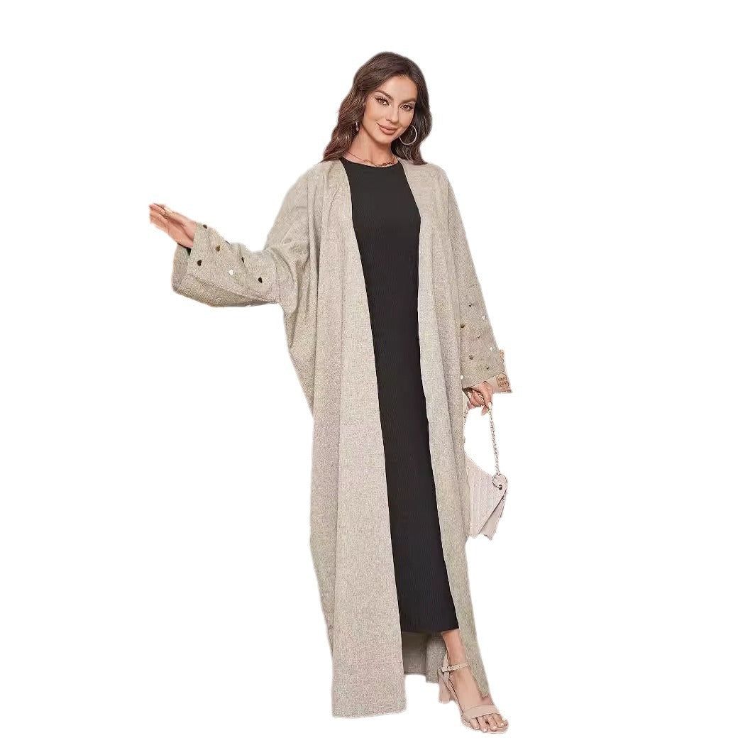 New heart-shaped embroidered Middle Eastern Muslim long dress fashionable and elegant cardigan imitation hemp two-color dress robe - Mixbatch