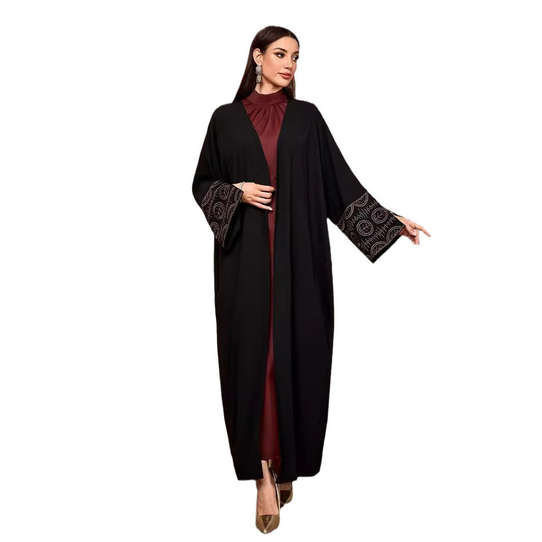 Middle Eastern Muslim Fashion Temperament Elegant Embroidered Cardigan Dubai Arabian Robe Bat Sleeve Split Black - Mixbatch