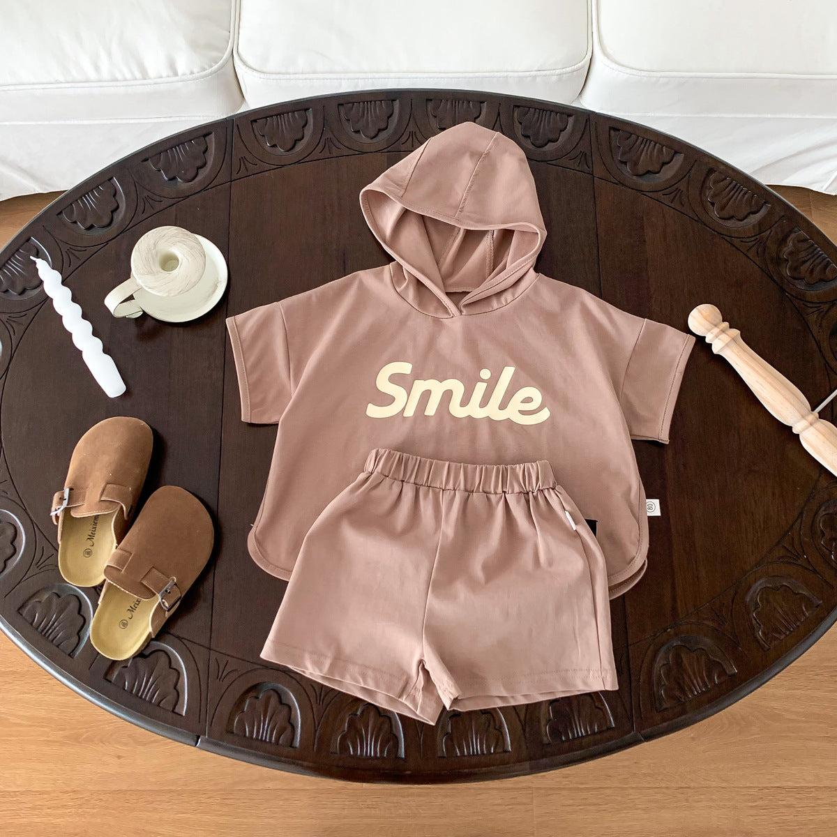 A 2024 Summer Children's Clothing Letter Printed Short sleeved Shorts Set for Boys and Girls Thin Hooded Outgoing Two Piece Set - Mixbatch