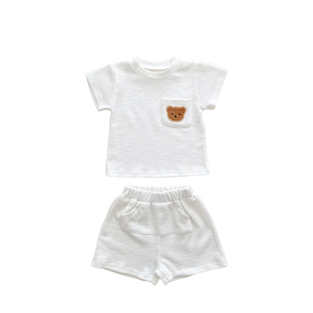 A summer thin baby Korean short-sleeved shorts cotton and linen pit strip suit for boys and girls round neck pullover two-piece suit - Mixbatch