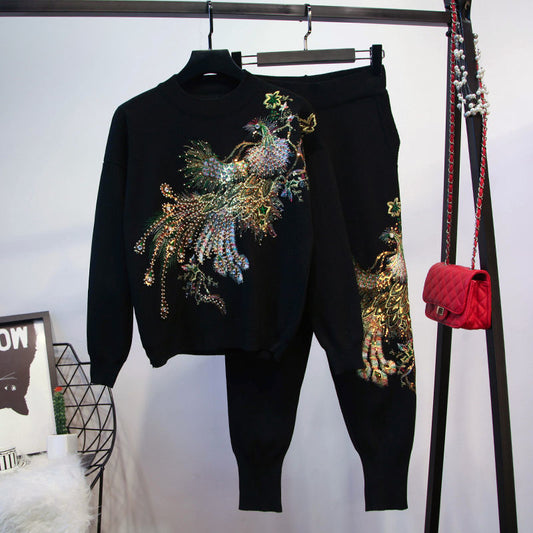 A sequined long sleeve suit