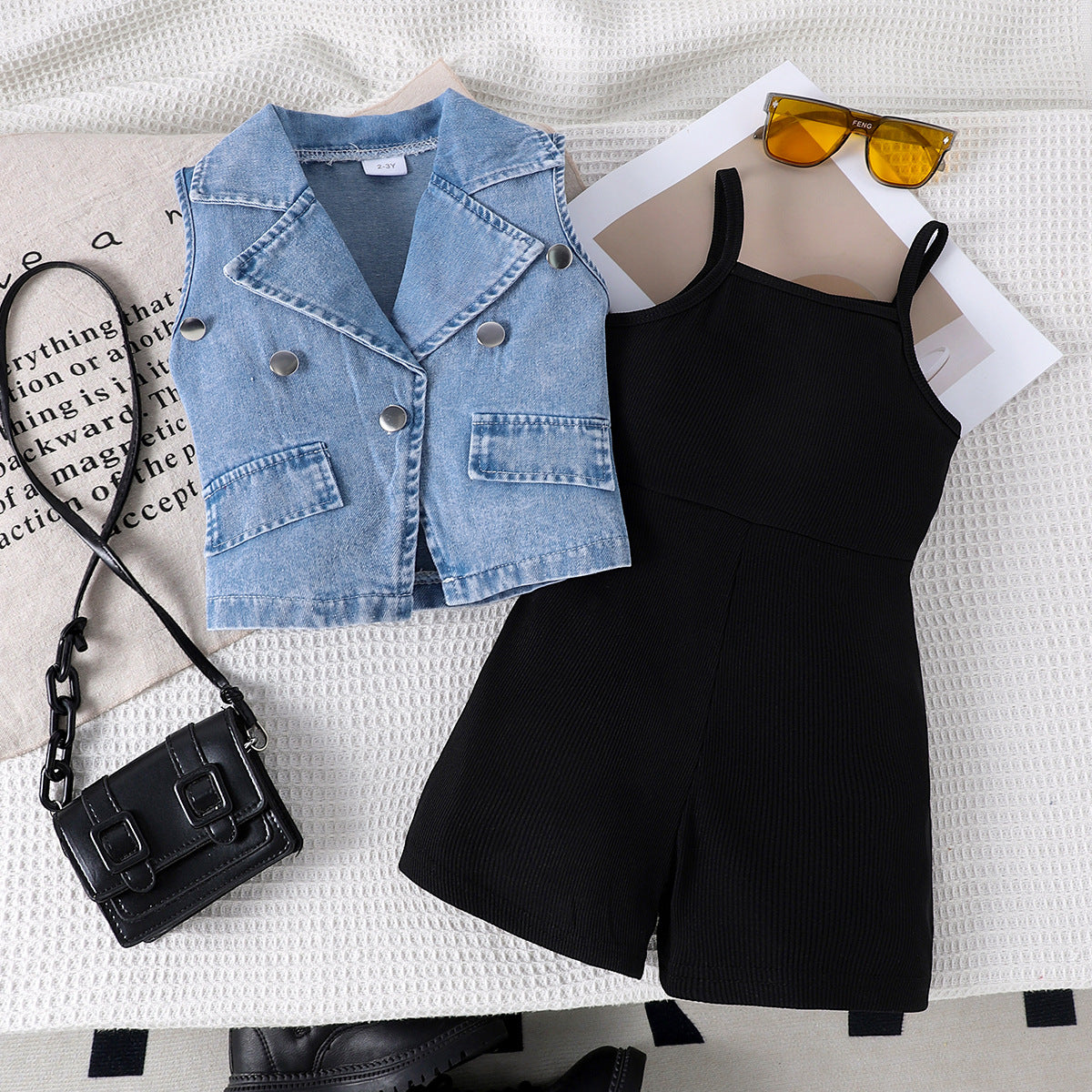 A Children's clothing Girls denim vest + suspender jumpsuit summer
