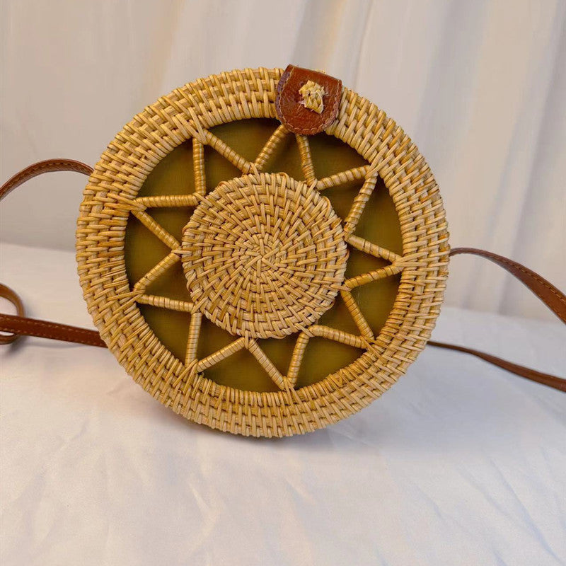 A rattan bag ins diagonal span mini bag Mori basket retro literary woven round bag vacation bucket bag leather buckle bag