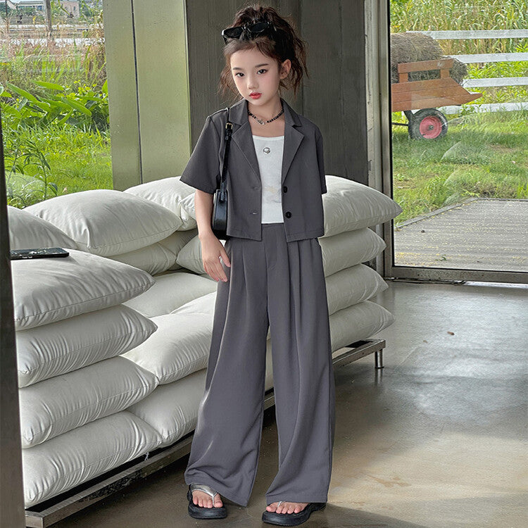 A summer new Korean version of medium and older children's thin cardigan short-sleeved suit high-waisted wide-leg pants