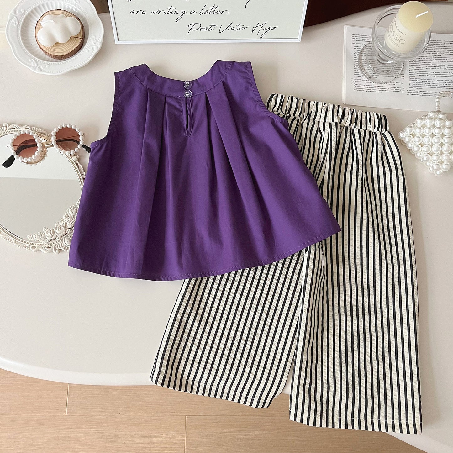 A summer new Korean version of children's sleeveless top + striped wide-leg pants two-piece set
