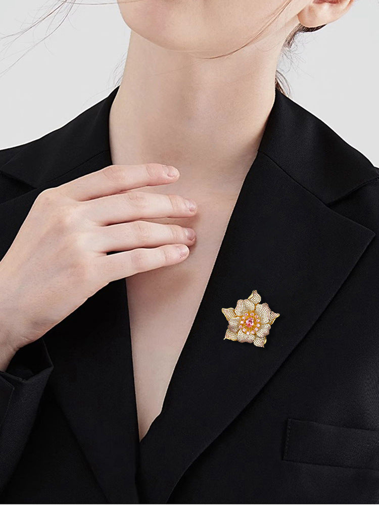 A European and American heavy industry high-end design light luxury full of zirconium micro-inlaid pink gemstone peony flower brooch fashionable versatile pin batch - Mixbatch