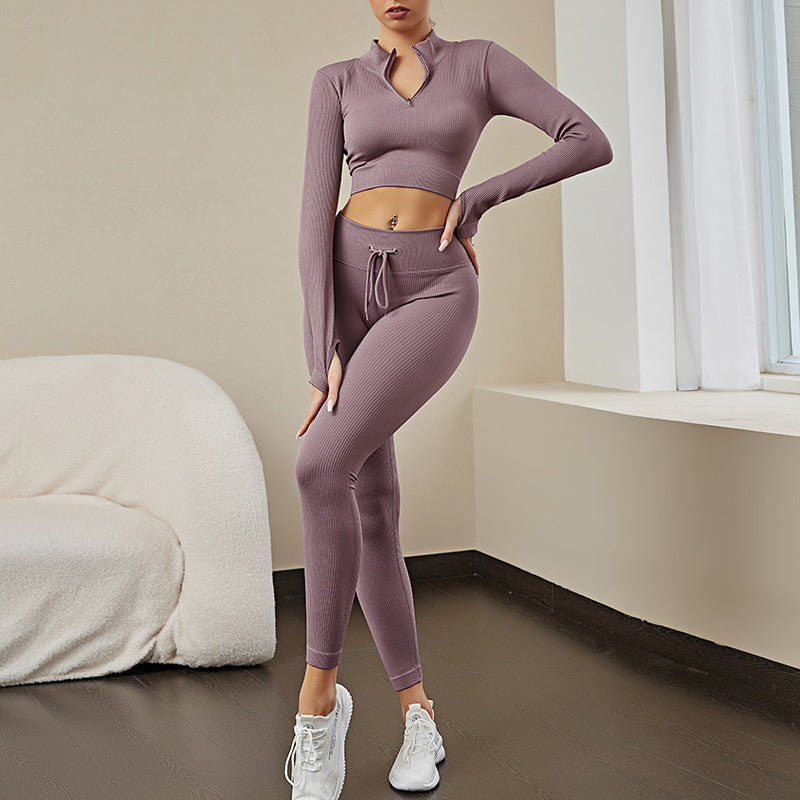 A Seamless Sports Fitness Clothing Skinny Breathable Long Sleeve Yoga Clothing Elastic Fitness Yoga Pants Yoga Suit Women