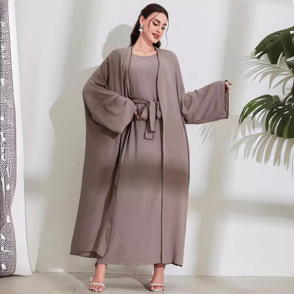 Women's Middle Eastern Muslim Clothing Fashion Elegant Cardigan Dress Belt Robe - Mixbatch