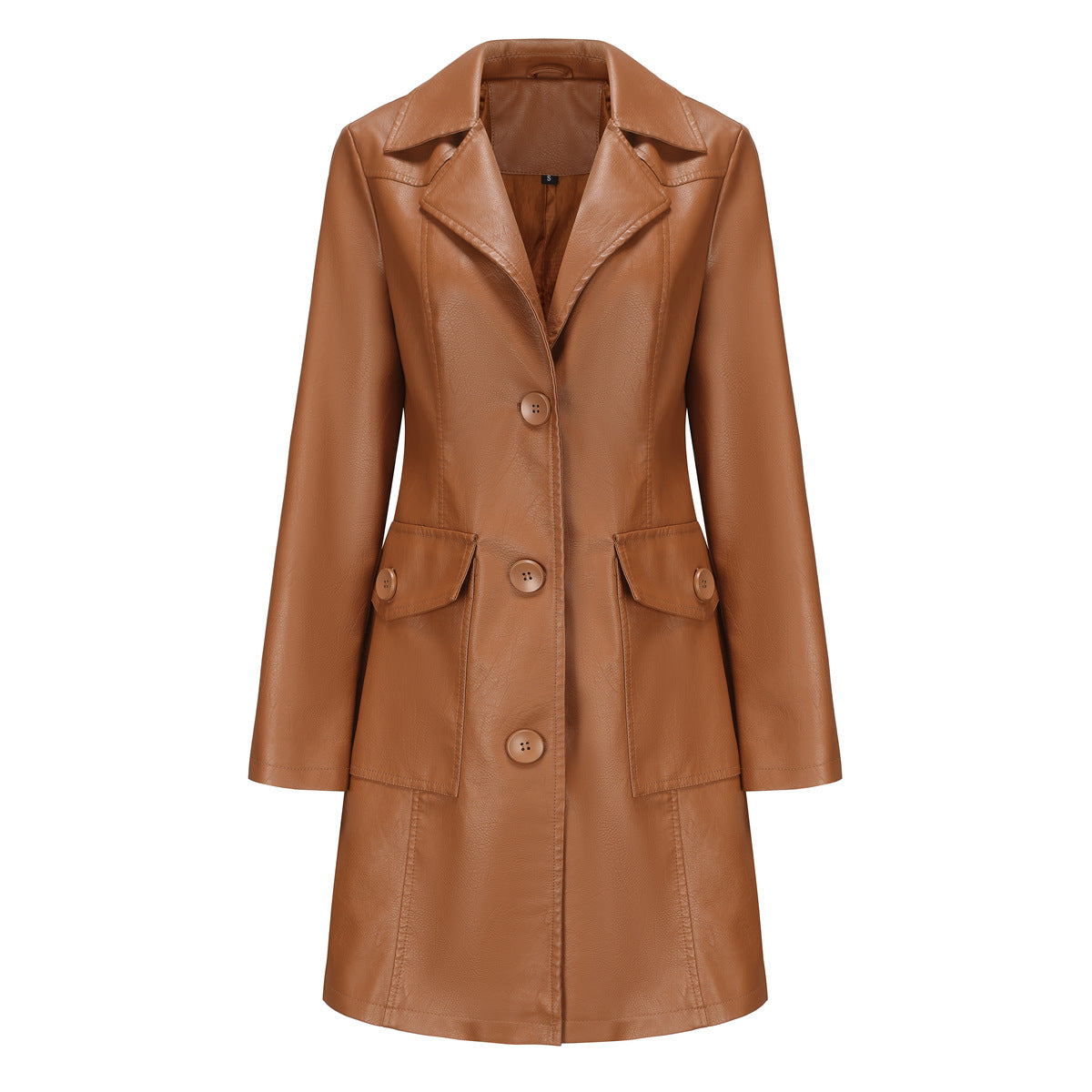 A women's long leather jacket