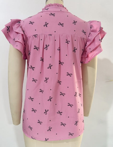 Europe, America, cross-border Amazon independent station 2025 summer new V-neck multi-layer lotus leaf sleeve sweet printed women's shirt - Mixbatch