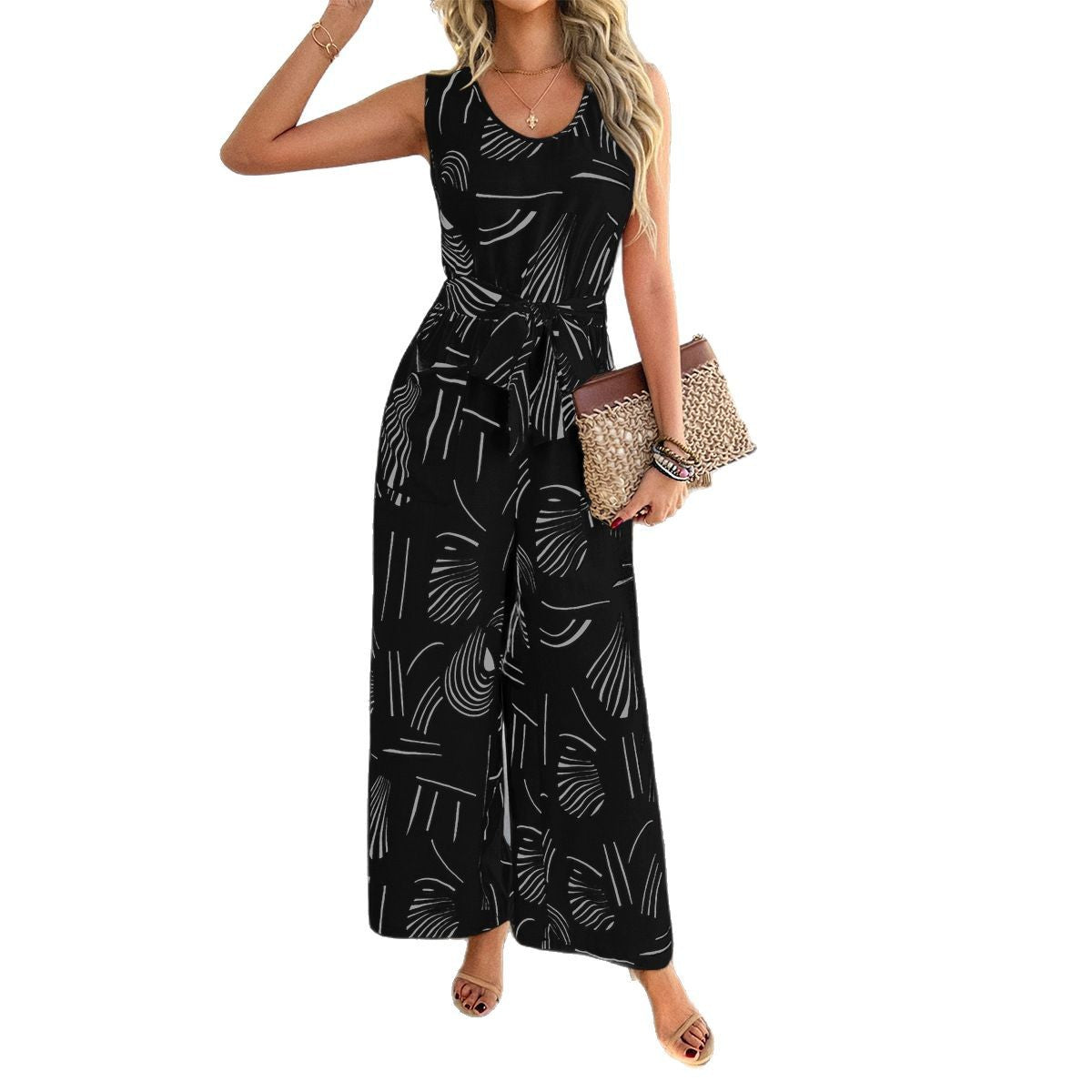 Diyun cross-border Europe, America 2025 spring and summer leisure vacation style cotton printing high waist pocket one-piece trousers women's clothing - Mixbatch