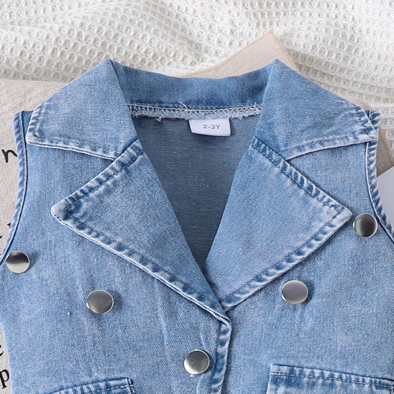 A Children's clothing Girls denim vest + suspender jumpsuit summer