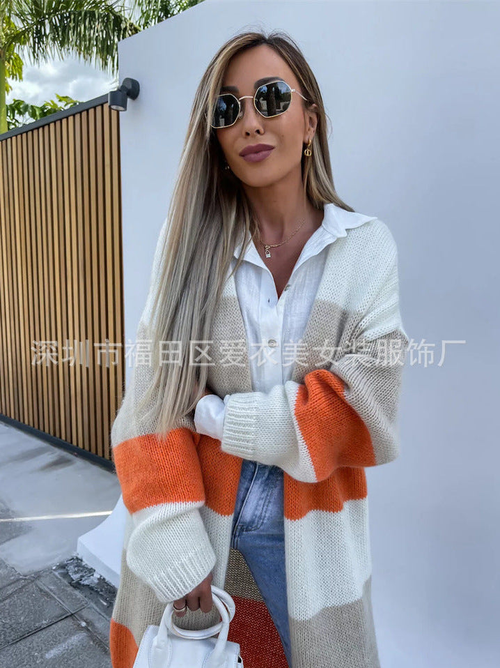 A multi-colored striped sweater loose long knitted cardigan jacket