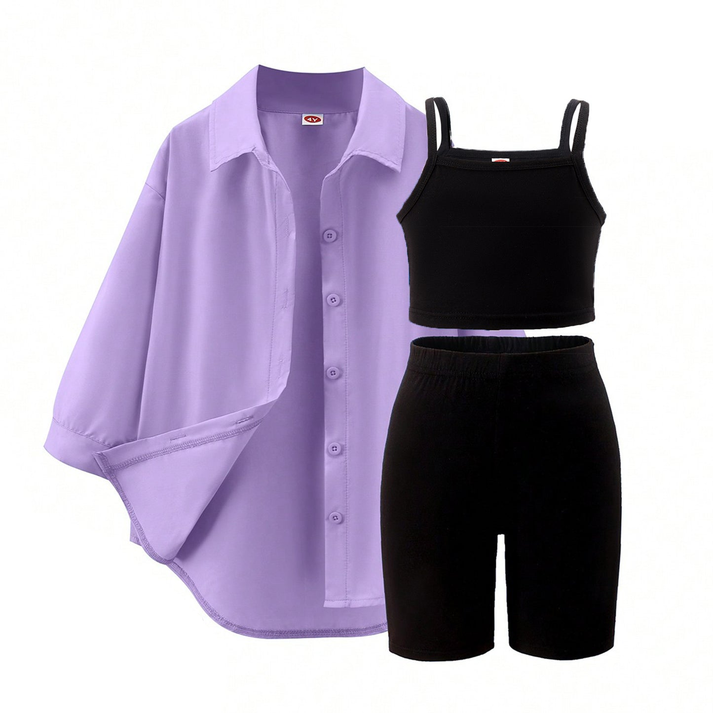 A foreign trade Europe, America, spring and autumn new girls' suit medium and small children's solid color suspender + five-point pants + long-sleeved jacket three-piece set