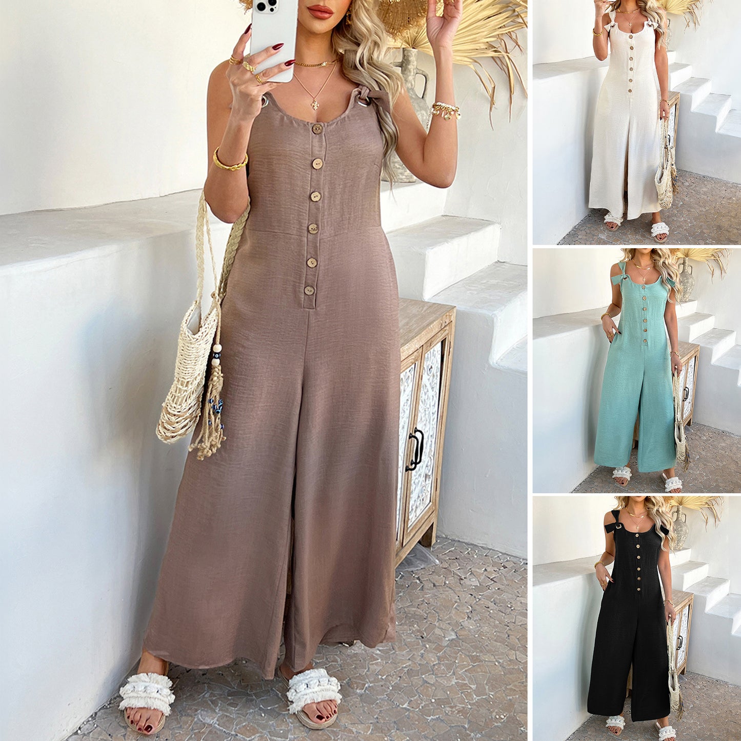2025 spring and summer solid color casual loose vacation style cardigan wide leg one-piece long pants women's clothing - Mixbatch