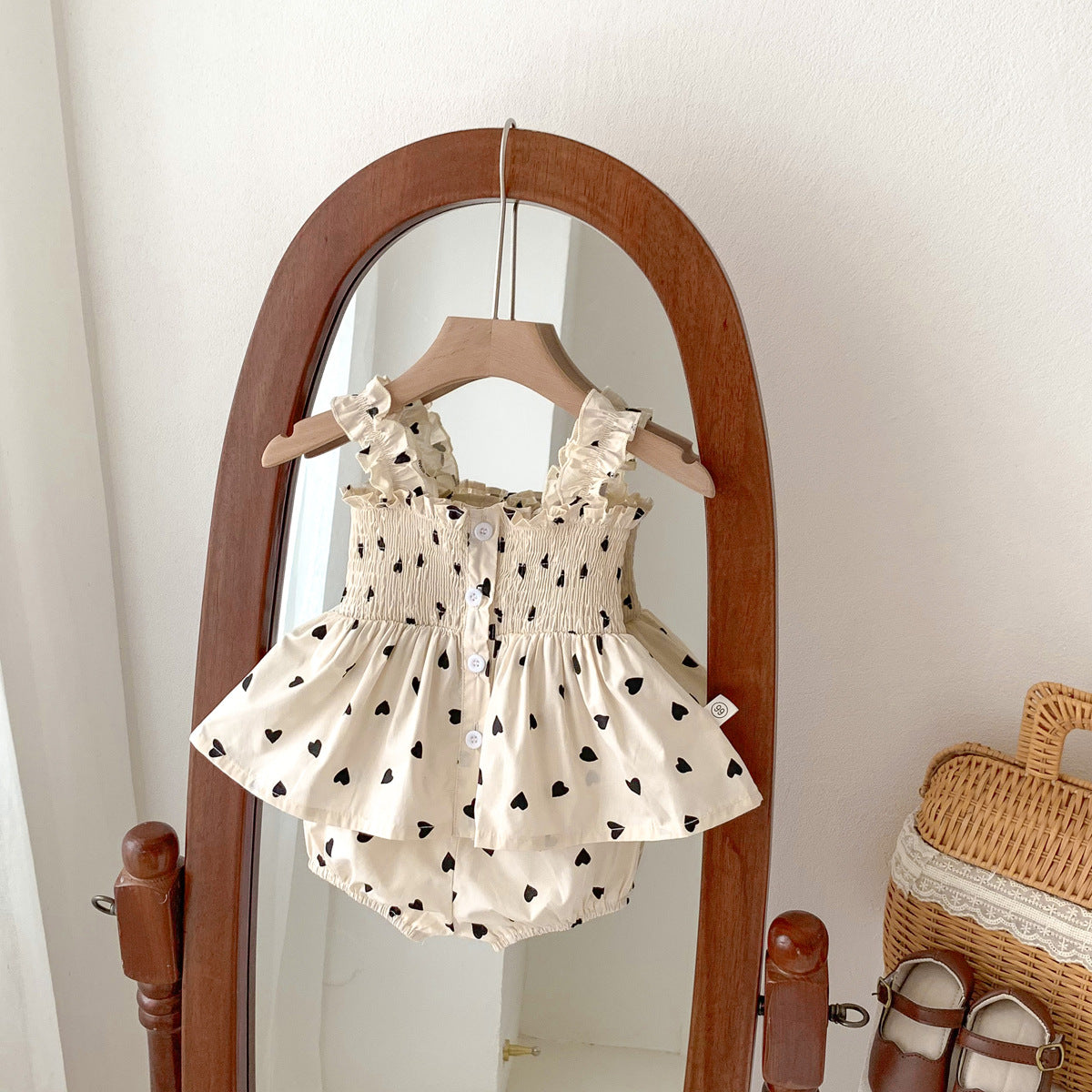 A girl's summer thin cherry heart printed suspender set baby girl doll shirt for outdoor wear - Mixbatch
