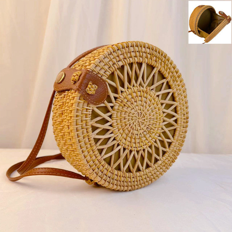 A rattan bag ins diagonal span mini bag Mori basket retro literary woven round bag vacation bucket bag leather buckle bag