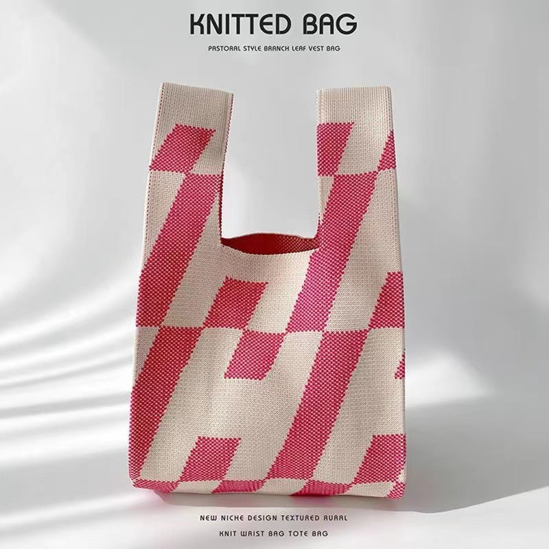 A Internet celebrity handbag women's knitted wool bucket bag Japanese and Korean version versatile hand carry casual tote bag box lunch bag y