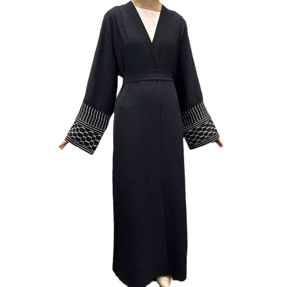 Middle Eastern Muslim Clothing Fashion Elegant Pocket Cardigan Embroidered Lace-Up Dress Robe - Mixbatch