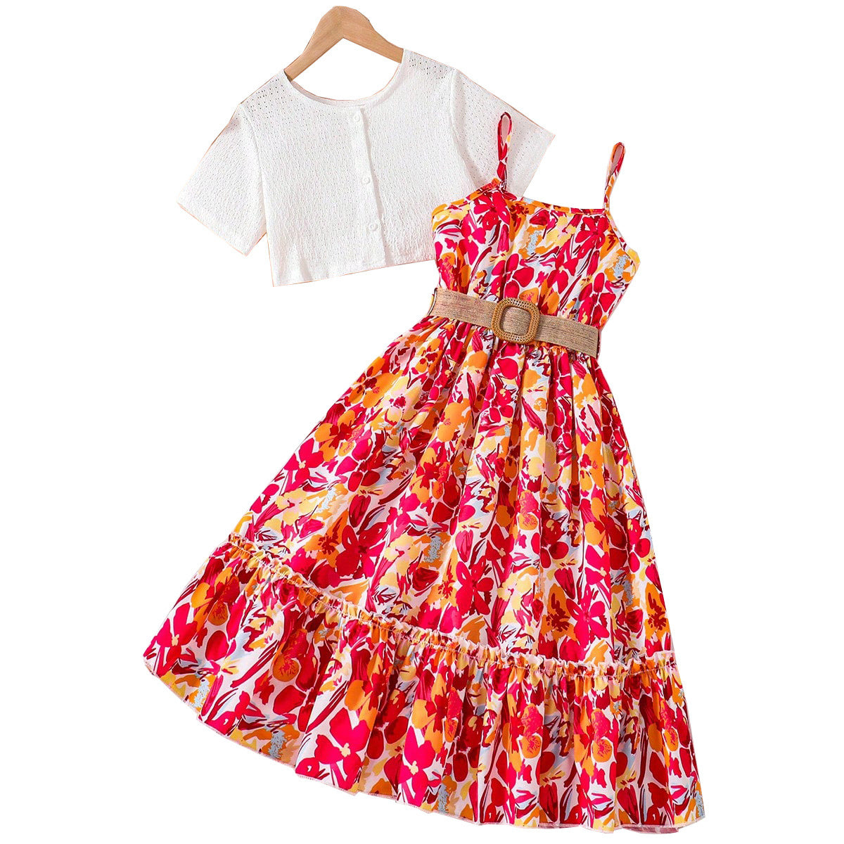 A floral full print lotus leaf edge suspender skirt short short sleeve top girls two-piece set