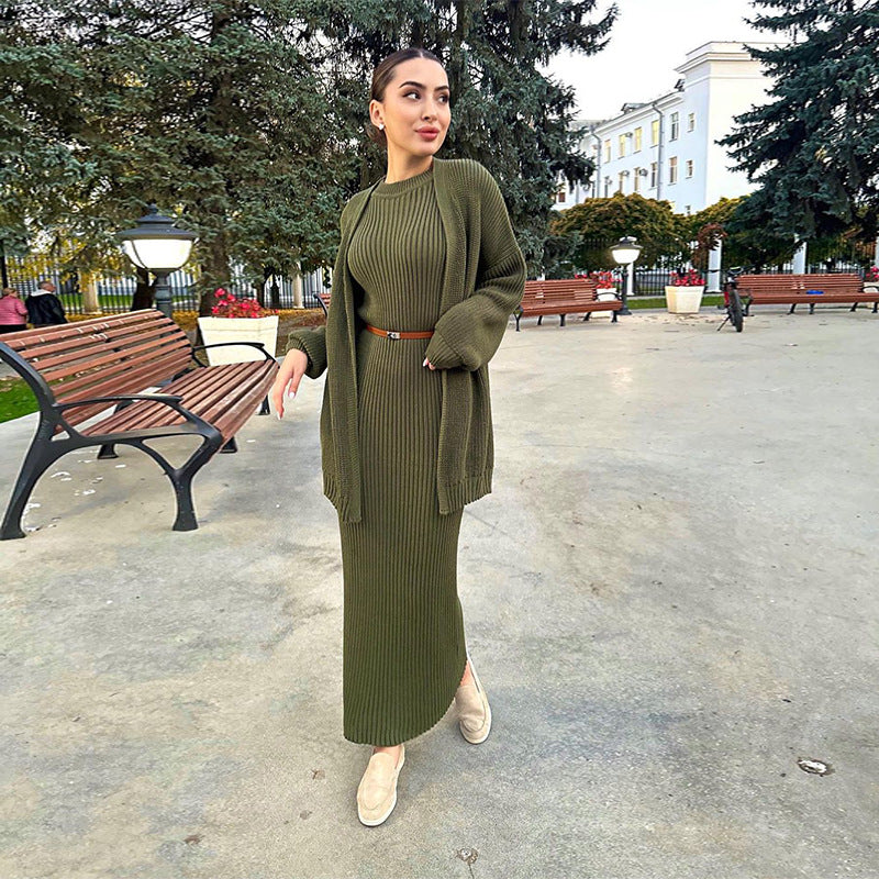 A knitted jacket skirt set with belt