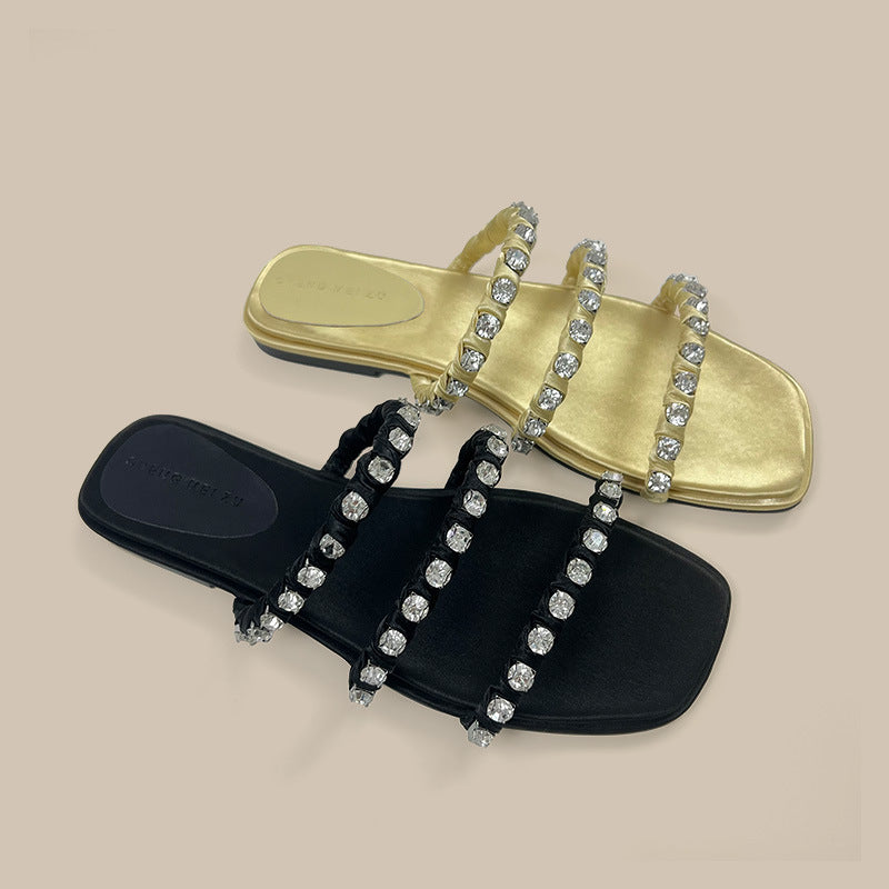 A rhinestone sandals women's summer word with flat beach slippers