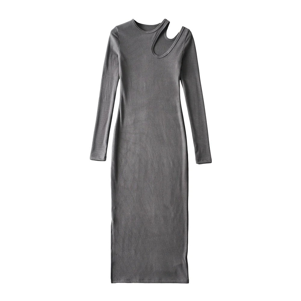 Spring tight sexy hollow off-the-shoulder split-ended long dress women's elastic slim-fit solid-color hip-wrapped dress - Mixbatch