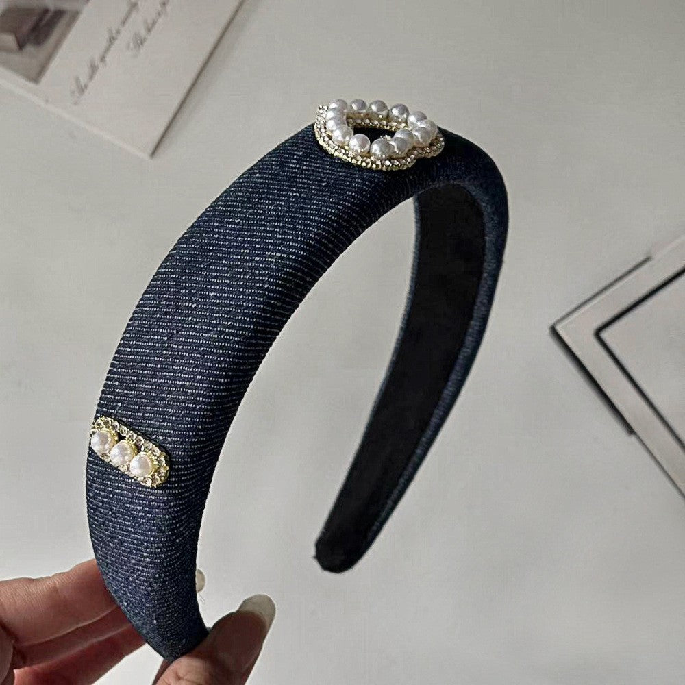 A Denim Blue High Cranium Headband Spring and Summer Daily Out Temperament Hair Accessories Premium Sense Wide Edge Headband