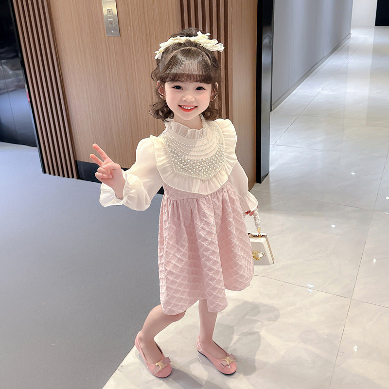 A girls lace pearl dress spring and autumn new girl baby foreign fashion princess dress small and medium children's clothing