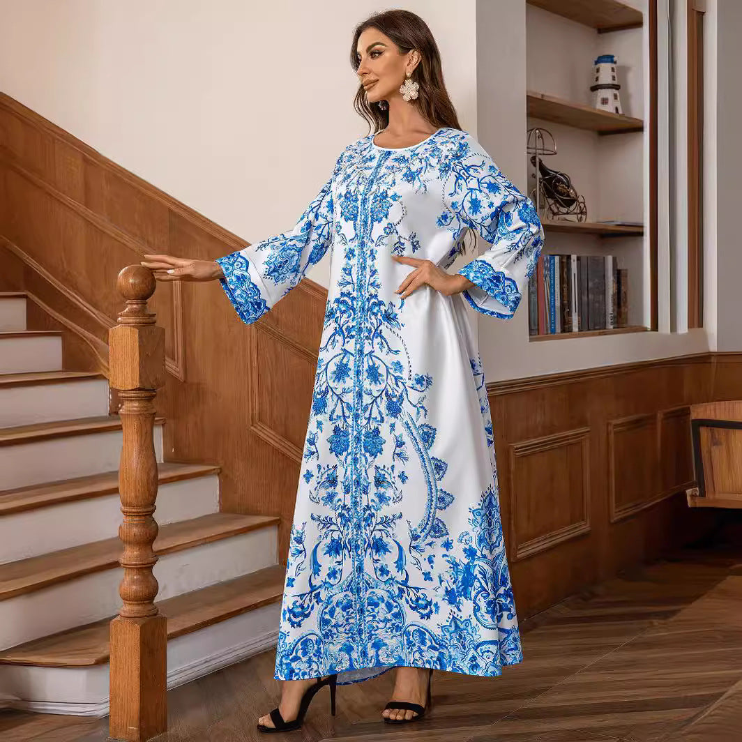 A ZD029 Middle Eastern Muslim Robe High Density Hot Diamond Bead Women's Blue and White Porcelain Elegant Crew Neck Dress Abaya