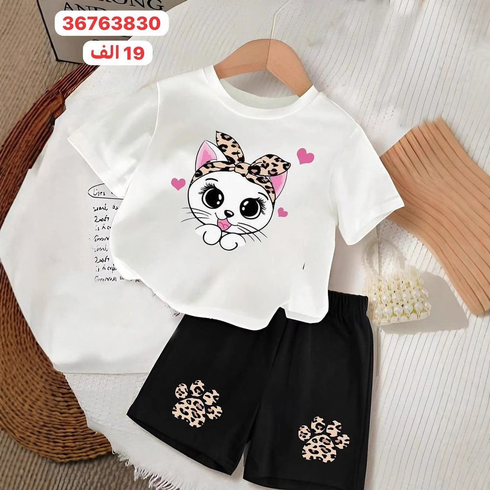 A Children's cute cartoon pattern printing set boys and girls short-sleeved T-shirt + shorts