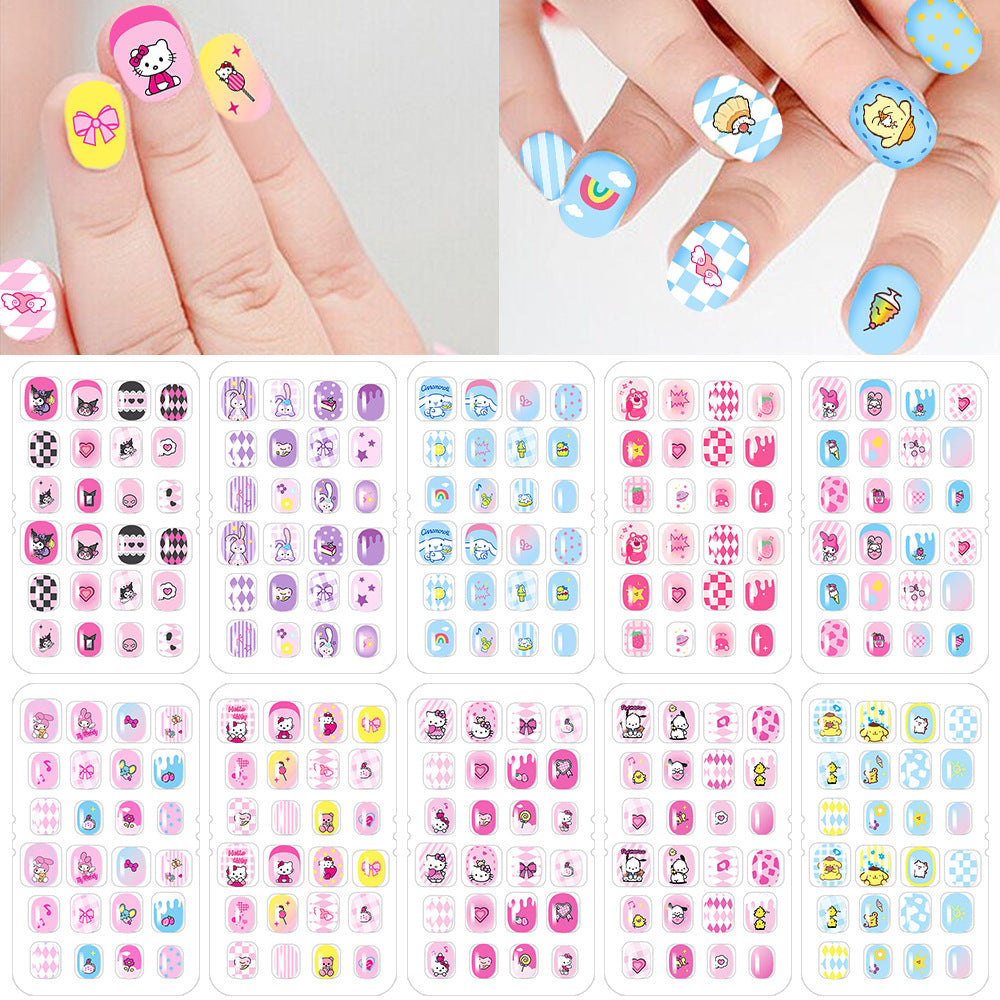 A Cross-border 24 pieces of children wearing nail cartoon animated nail patch removable girl cute manicure fingernail piece - Mixbatch