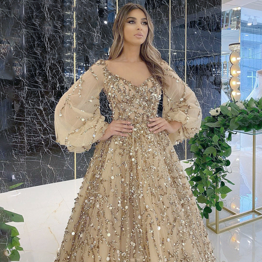 A multi-color heavy industry beaded luxury evening dress sexy lady aura queen dress