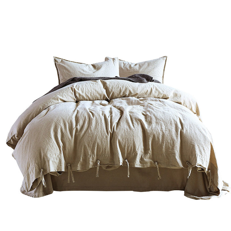 Minimalist Japanese Linen Four Piece Bedding Set Solid Color Button Cotton Linen Bed Sheet and Duvet Cover 1.8 Home Textile Bedding - Mixbatch