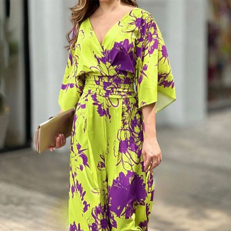 A new European and American women's clothing ins fashionable and elegant printing bat sleeve waist V-neck women's jumpsuit women's 661