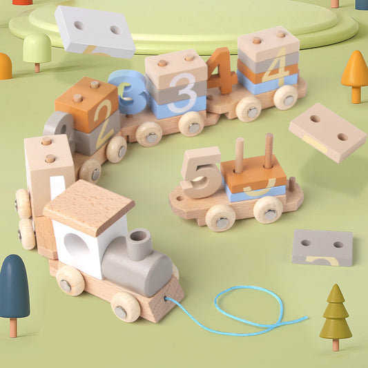 A young children wooden early education enlightenment digital color cognition collage building block drag small train educational toy