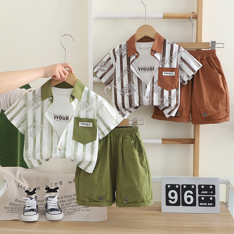 A summer boys three-piece set new baby boy foreign clothes thin striped shirt short-sleeved set medium and small children's tide