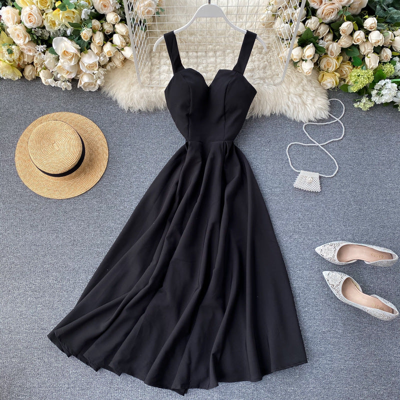 A backless solid color waist V-neck long dress women's dress