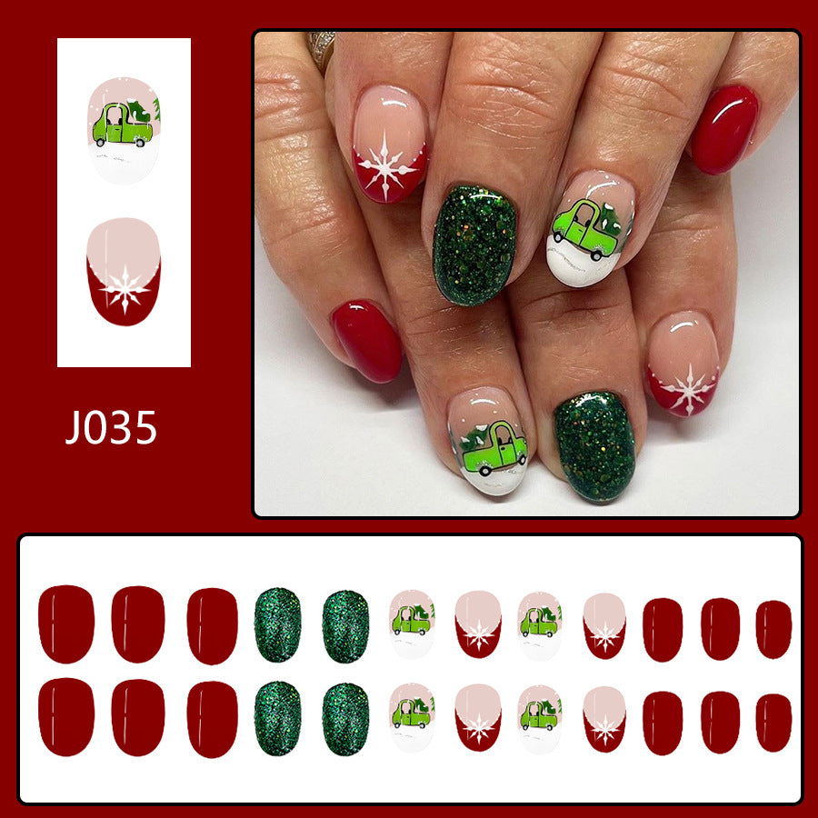 A short glossy oval European, American cross-border foreign trade French glitter new Christmas detachable wear manicure 24 pieces - Mixbatch