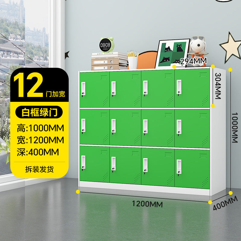 A colorful metal storage locker for school classrooms