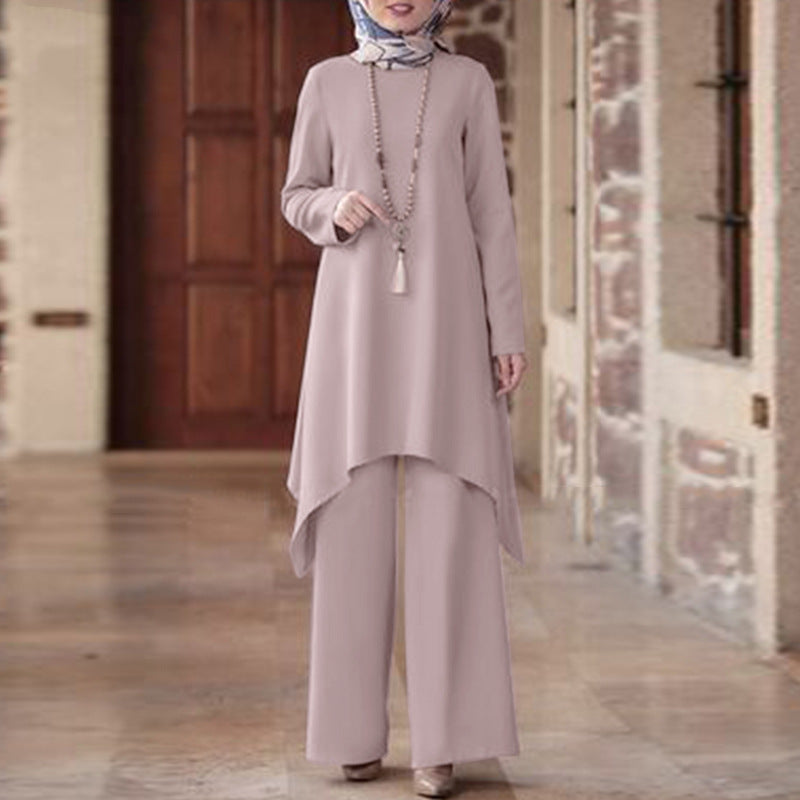 A Muslim women's clothing Middle East cross-border spring and autumn solid color round neck pullover skirt trousers fashion casual suit