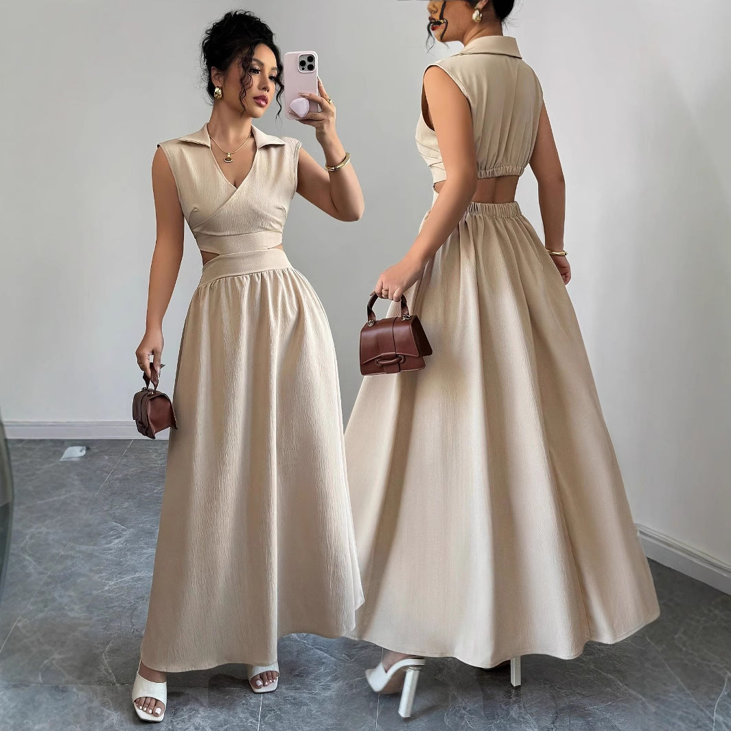 A sleeveless V-neck dress