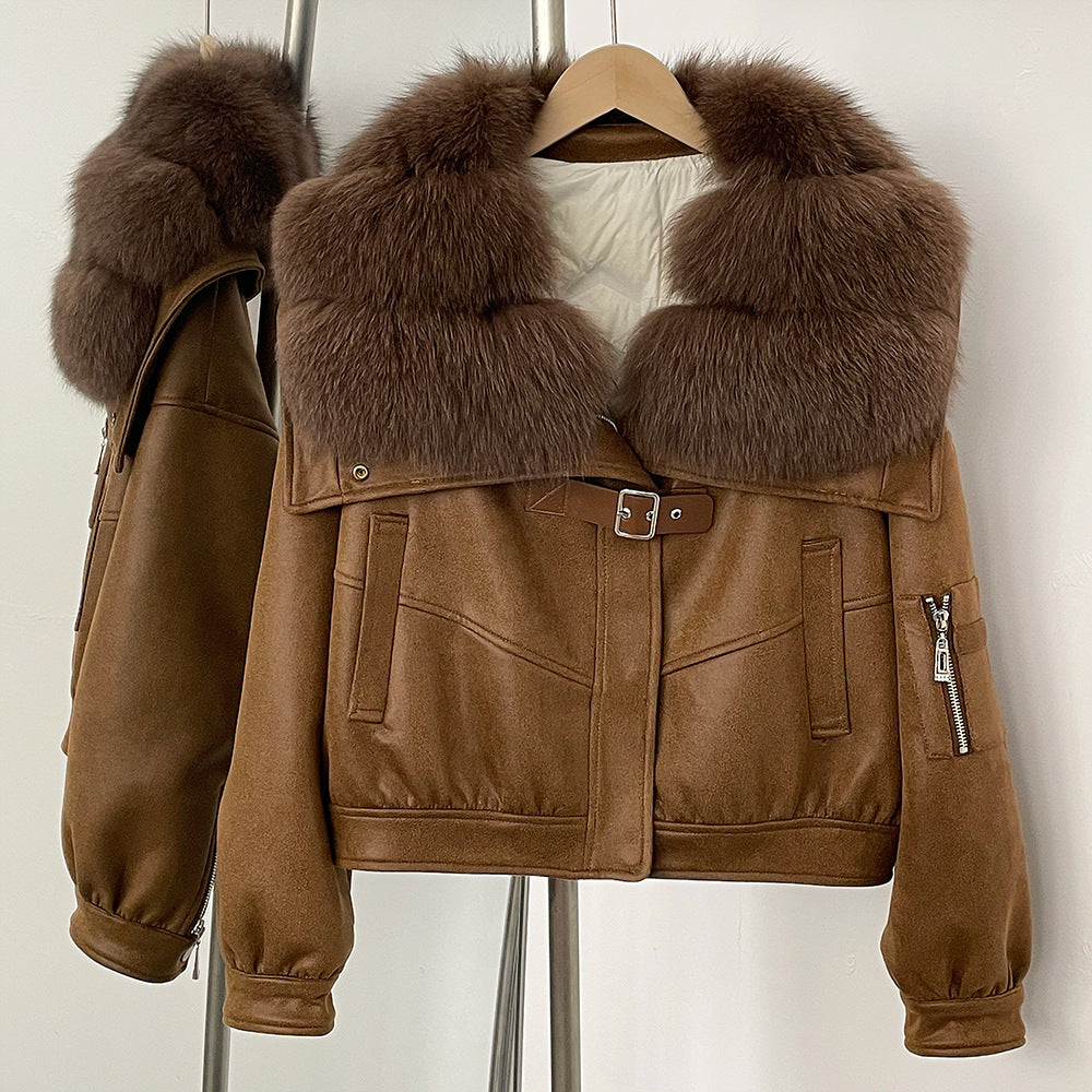 A winter new short real fox fur collar suede fur jacket female Korean version fur integrated down liner