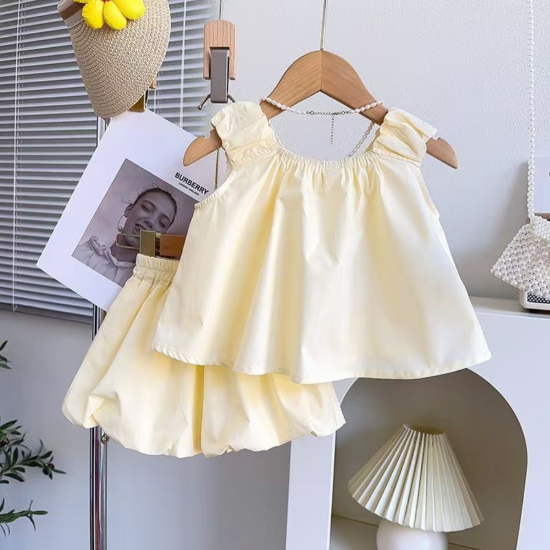 A Bubble pants girls three-dimensional bud set summer new cute sleeveless top shorts two-piece set